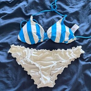 Shade & Shore Blue and White Striped Triangle Bikini